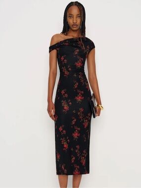 Reformation Black Midi Dress with Red Rose Print